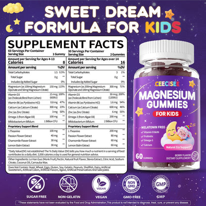 CEECISEE Magnesium Gummies for Kids 4+ | Organic Chewable Magnesium with B6, D3, Zinc + L-Theanine | Zzz Aid