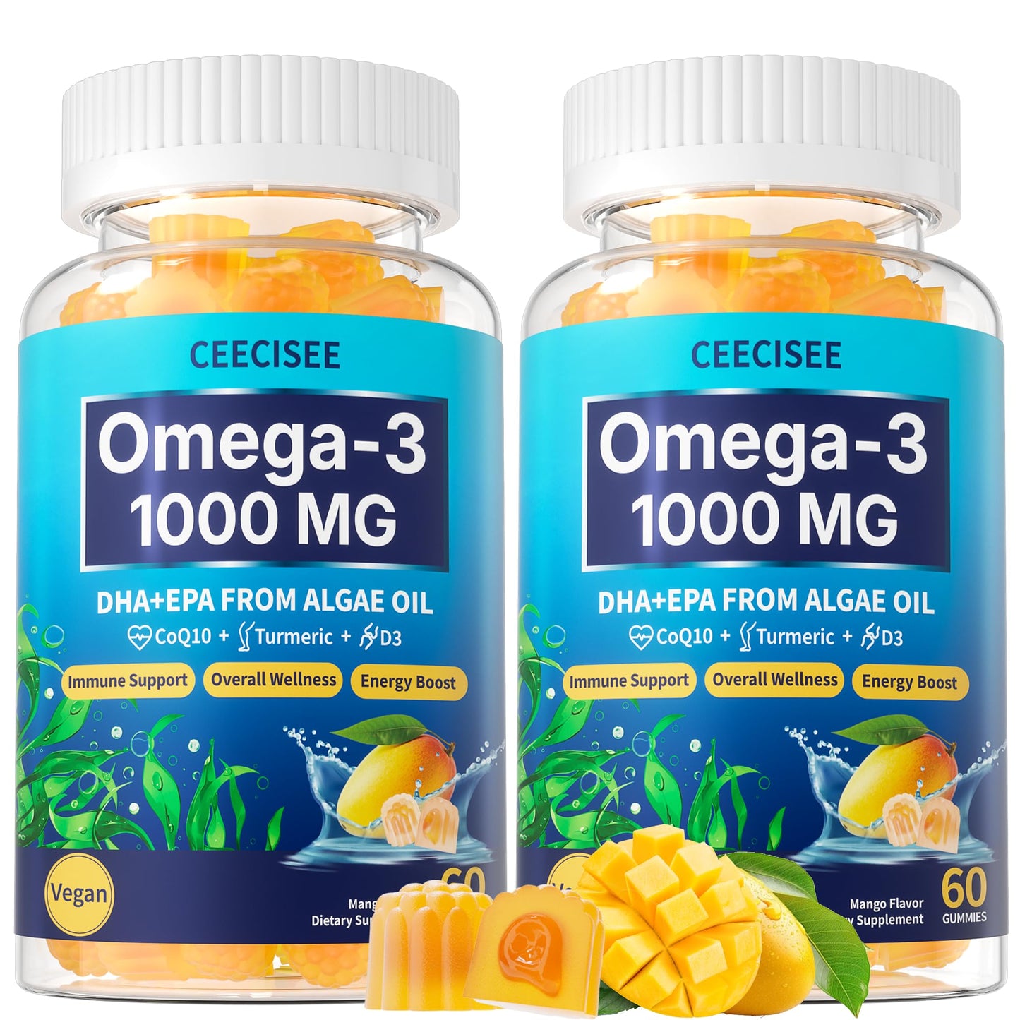 Ceecisee Vegan Omega-3 Gummies 1000mg – Algae DHA 600mg / EPA 300mg + Vitamin D3