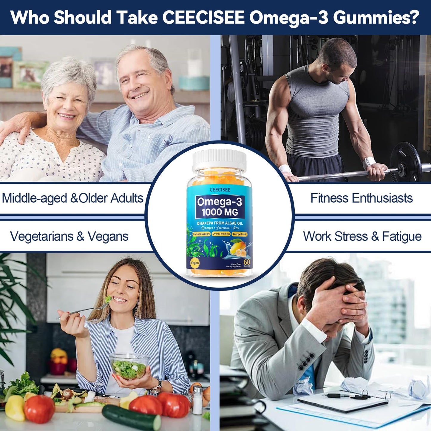 Ceecisee Vegan Omega-3 Gummies 1000mg – Algae DHA 600mg / EPA 300mg + Vitamin D3