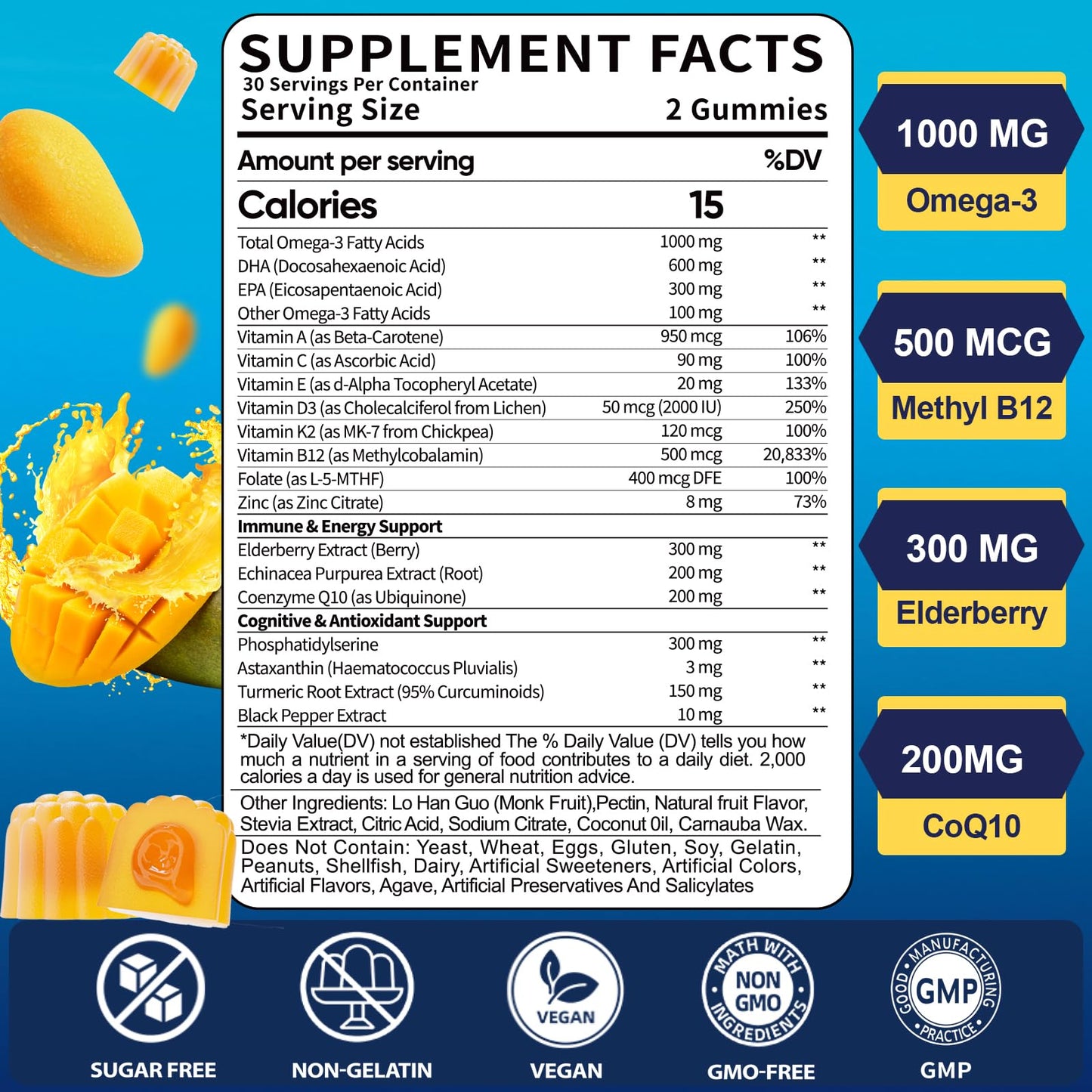 Ceecisee Vegan Omega-3 Gummies 1000mg – Algae DHA 600mg / EPA 300mg + Vitamin D3