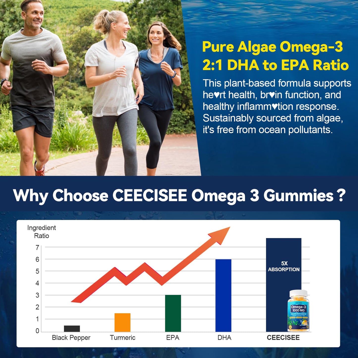 Ceecisee Vegan Omega-3 Gummies 1000mg – Algae DHA 600mg / EPA 300mg + Vitamin D3