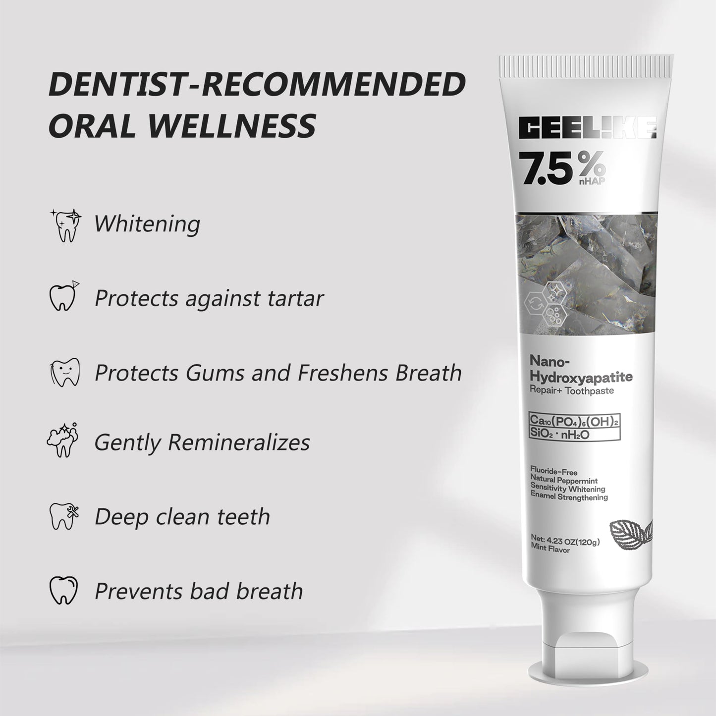 CEELIKE 7.5% Hydroxyapatite Toothpaste – Enamel Strengthening, Gum Protection, Fluoride-Free, 120g