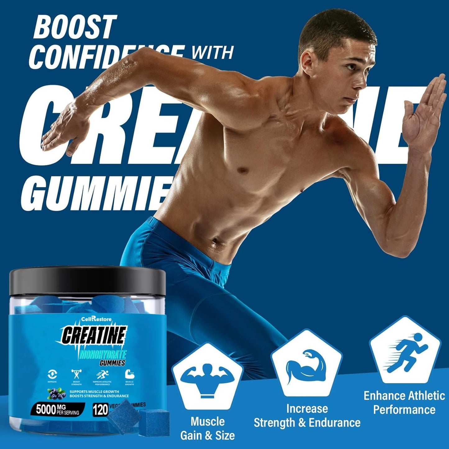 CellRestore Creatine Monohydrate Gummies – 120 Count, 5g Serving, Vegan, Sugar Free, Blueberry