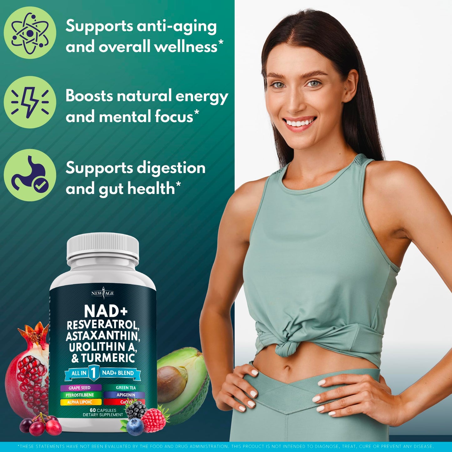 NAD+ Supplement with Astaxanthin, Urolithin A, Resveratrol & CoQ10 | Cellular Energy & Mitochondrial Support | Vegan, Non-GMO | 60 Count