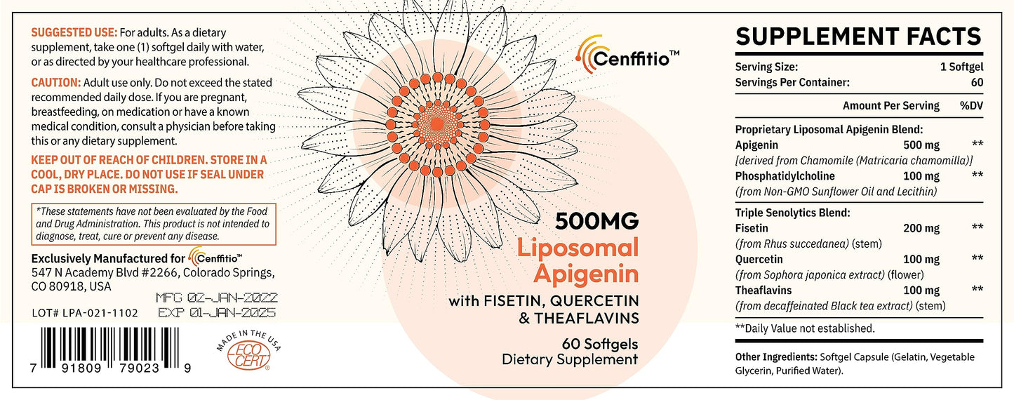 Cenffitio Liposomal Apigenin 500mg Softgels - Sleep Support & Senolytics (60 ct)