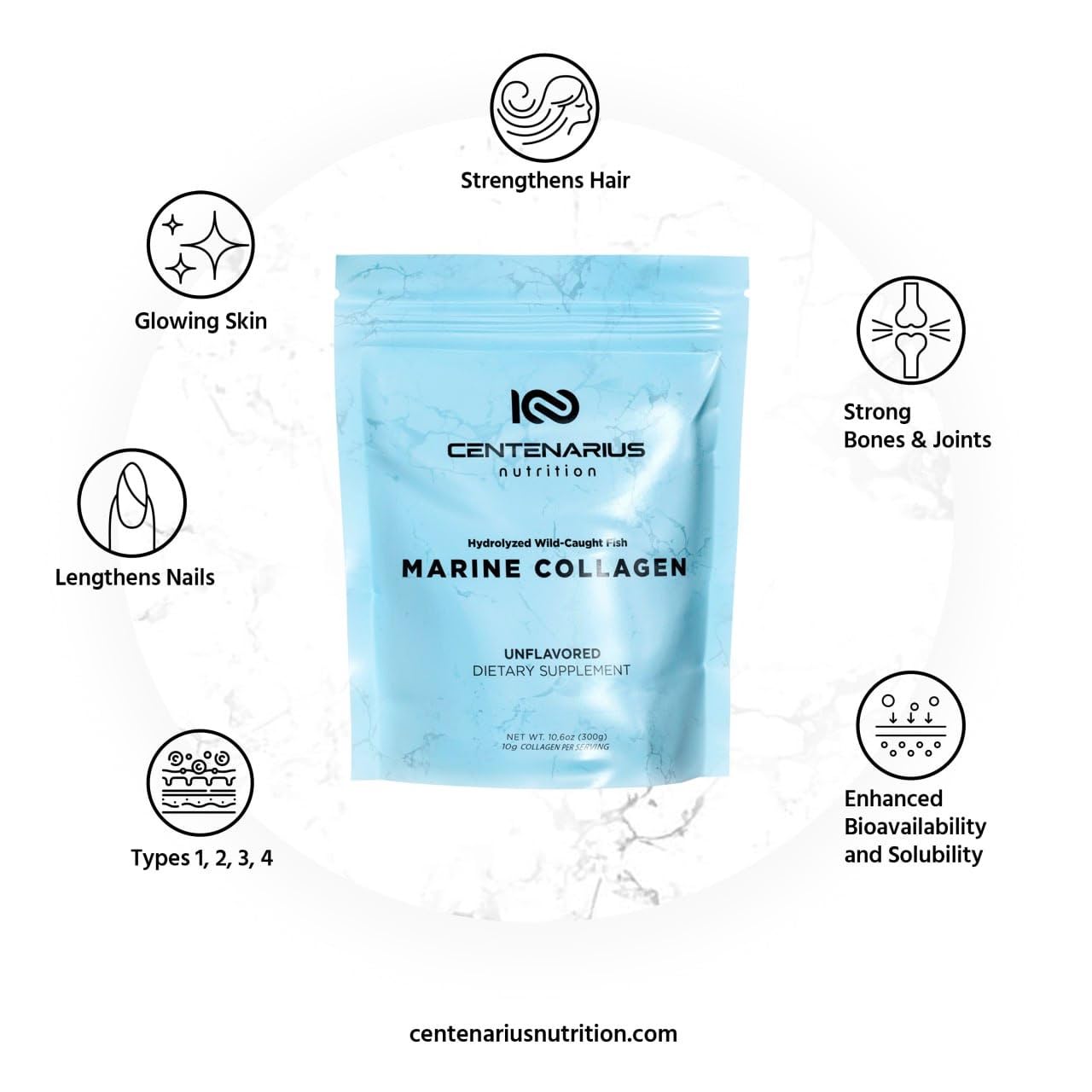 Centenarius Nutrition Hydrolyzed Marine Collagen Peptides — Wild-Caught Fish Collagen Powder (300g)