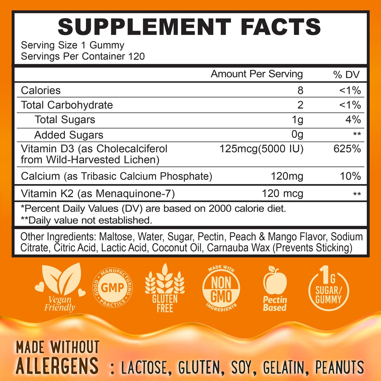 Center-Filled Vitamin D3 K2 Gummies - 120 Count - 5000 IU D3, 120 mcg K2, 120 mg Calcium - Vegan & Non-GMO