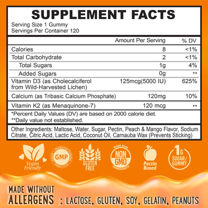 Center-Filled Vitamin D3 K2 Gummies - 120 Count - 5000 IU D3, 120 mcg K2, 120 mg Calcium - Vegan & Non-GMO