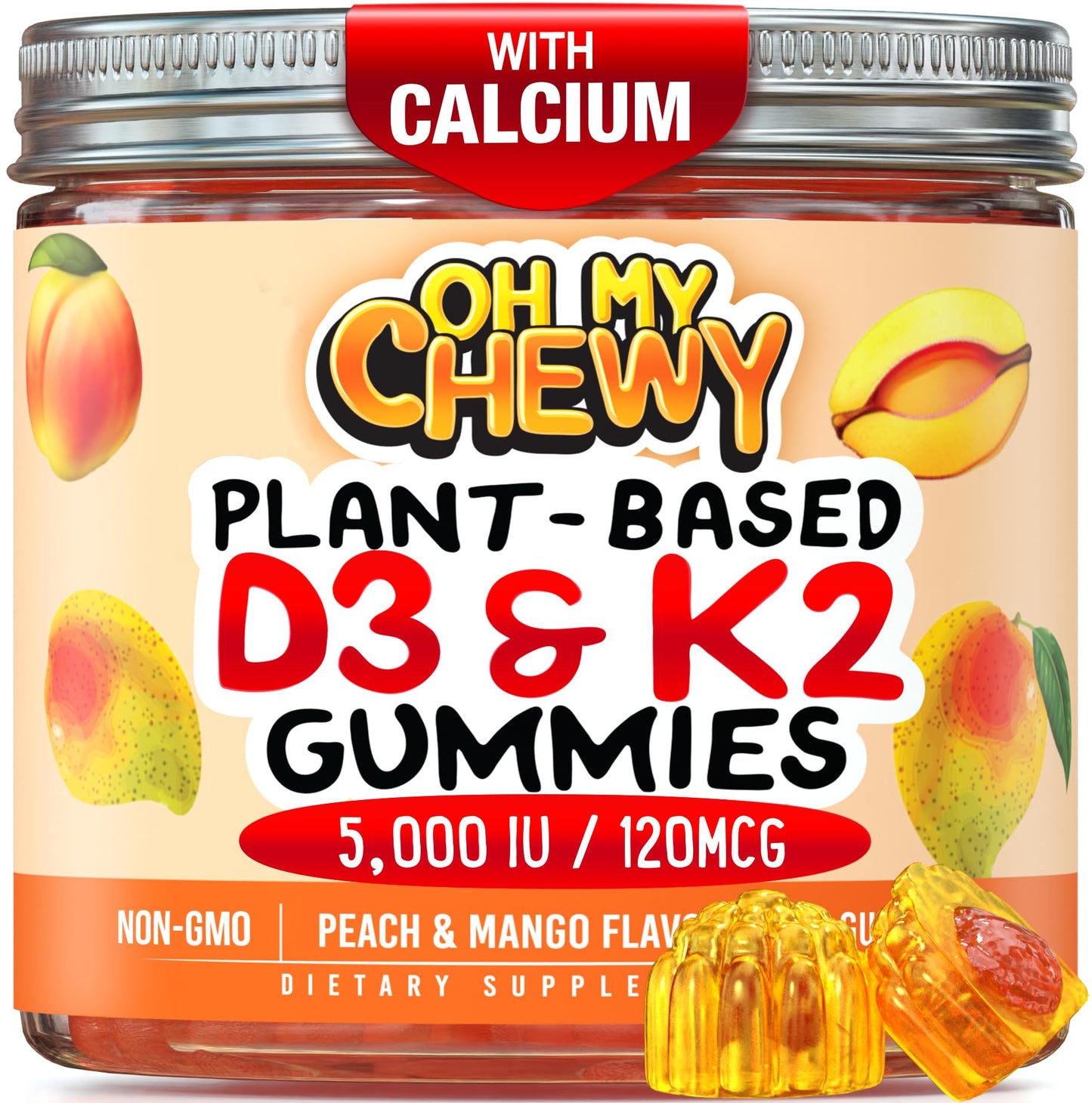 Center-Filled Vitamin D3 K2 Gummies - 120 Count - 5000 IU D3, 120 mcg K2, 120 mg Calcium - Vegan & Non-GMO