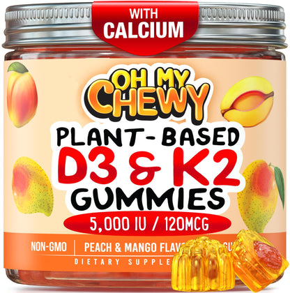 Center-Filled Vitamin D3 K2 Gummies - 120 Count - 5000 IU D3, 120 mcg K2, 120 mg Calcium - Vegan & Non-GMO