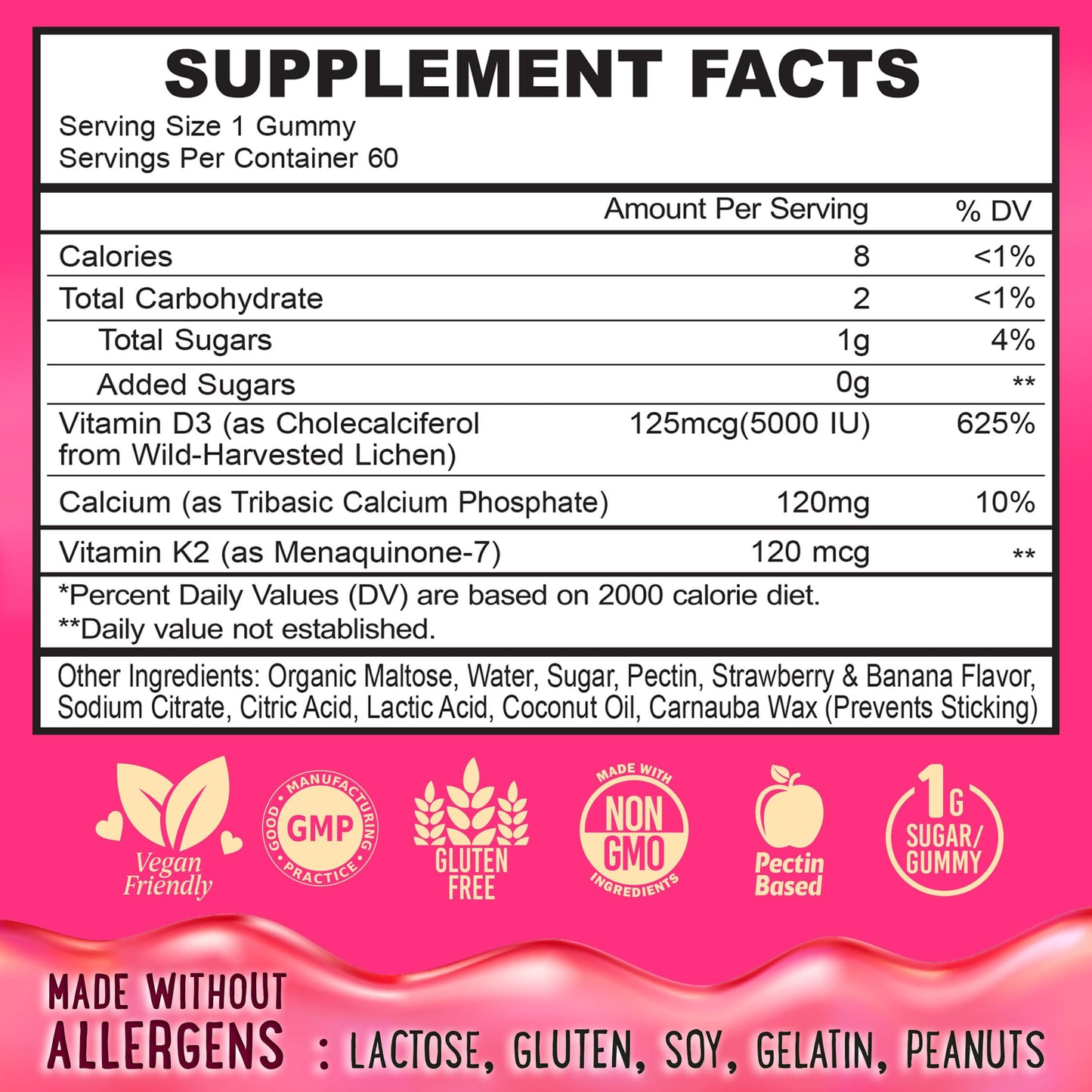Center-Filled Vitamin D3 K2 Gummies - 60 Count | 5000 IU D3, 120 mcg K2, 120 mg Calcium - Vegan & Non-GMO