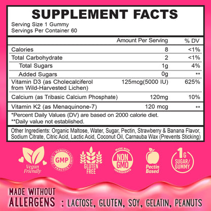 Center-Filled Vitamin D3 K2 Gummies - 60 Count | 5000 IU D3, 120 mcg K2, 120 mg Calcium - Vegan & Non-GMO