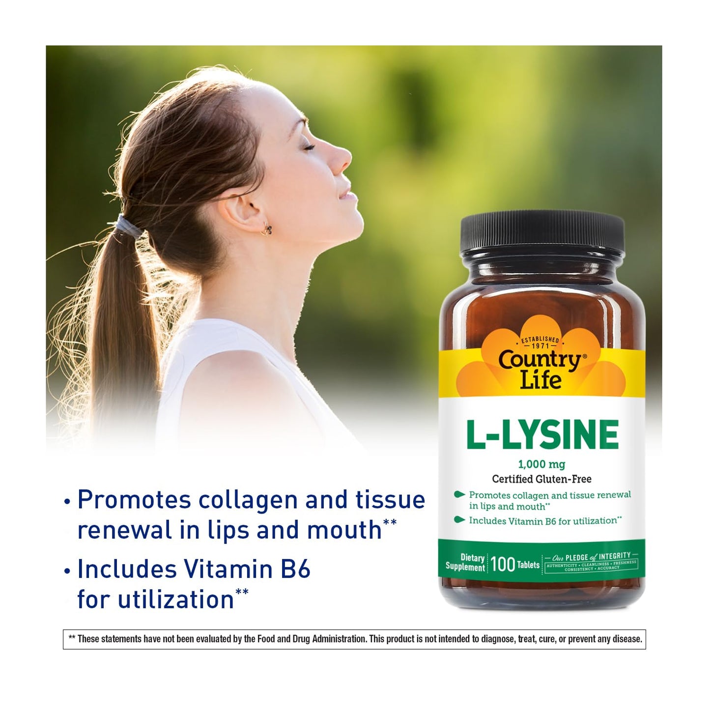 Country Life L-Lysine 1000mg with B-6 – Immune Support, Collagen Renewal, Vegan & Gluten Free (100 Count)