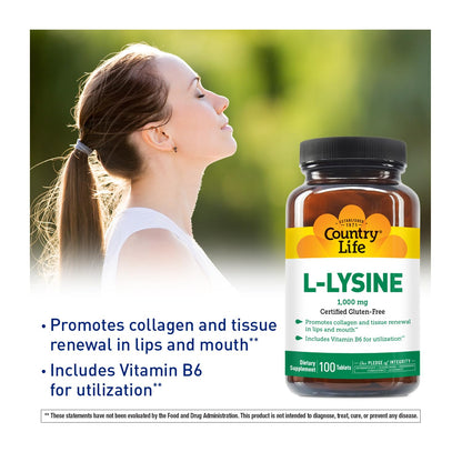 Country Life L-Lysine 1000mg with B-6 – Immune Support, Collagen Renewal, Vegan & Gluten Free (100 Count)