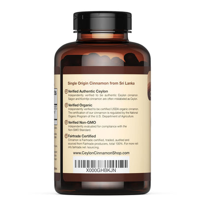 Ceylon Cinnamon Shop: Organic Ceylon Cinnamon Supplement, 180 Capsules (3 Month Supply)