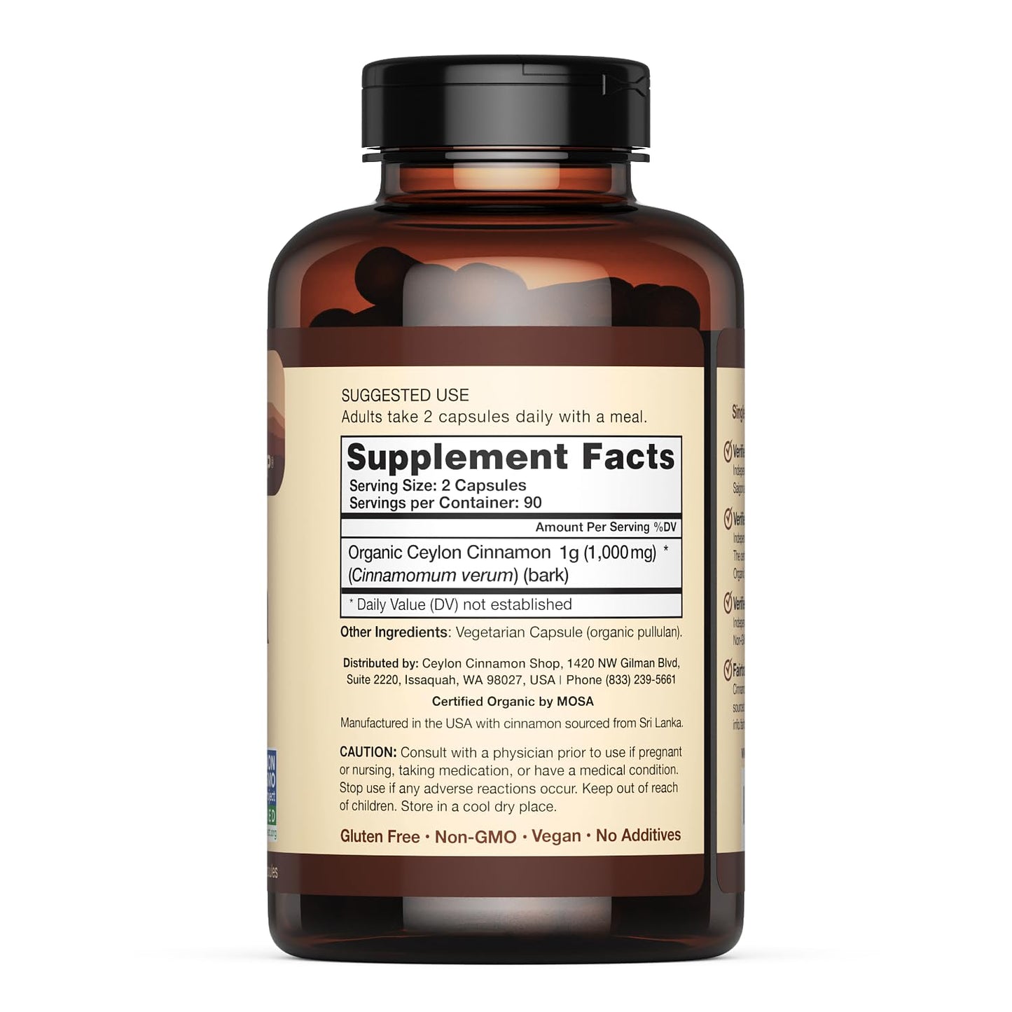 Ceylon Cinnamon Shop: Organic Ceylon Cinnamon Supplement, 180 Capsules (3 Month Supply)