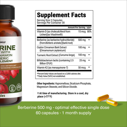 Berberine 500 mg with Probiotics + Vitamins D & K | 60 Capsules | 1 Month Supply
