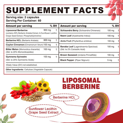 Berberine Supplement Organic 1500mg – Liposomal HCL Complex with Cinnamon & Bitter Melon (120 Caps)