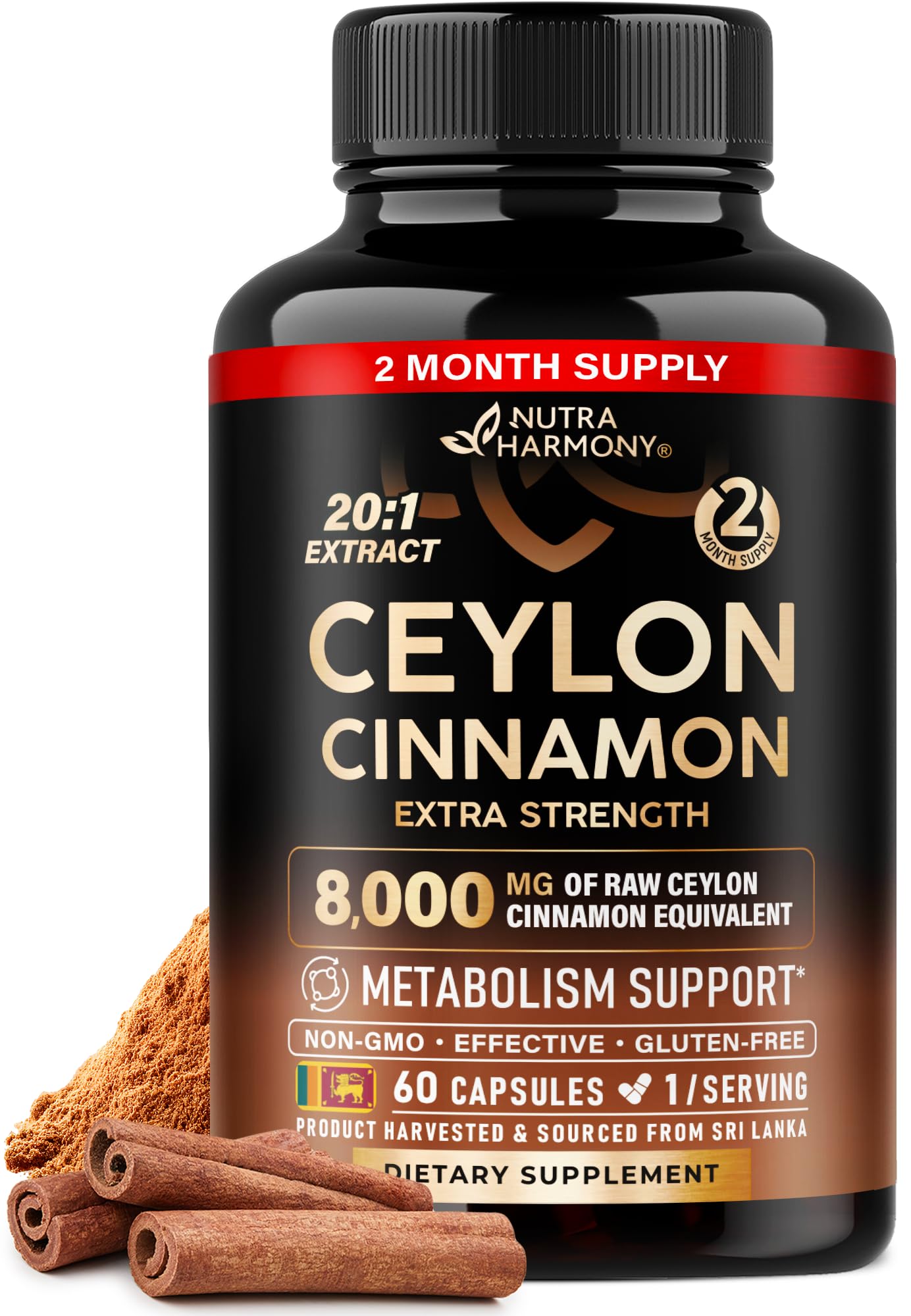 Ceylon Cinnamon Capsules – Extra Strength for Energy, Metabolism & Heart Health | 60 Capsules | Made in USA