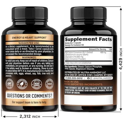 Ceylon Cinnamon Capsules – Extra Strength for Energy, Metabolism & Heart Health | 60 Capsules | Made in USA