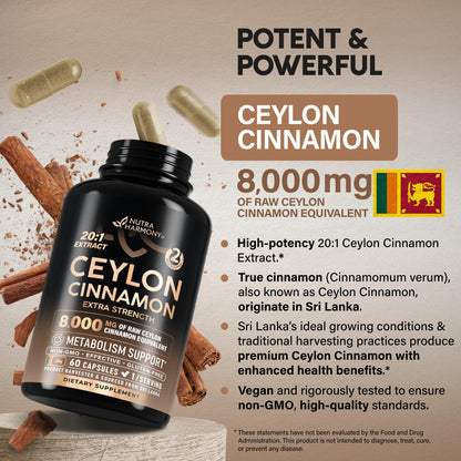 Ceylon Cinnamon Capsules – Extra Strength for Energy, Metabolism & Heart Health | 60 Capsules | Made in USA