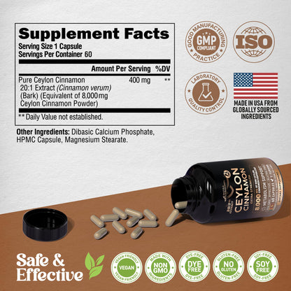 Ceylon Cinnamon Capsules – Extra Strength for Energy, Metabolism & Heart Health | 60 Capsules | Made in USA