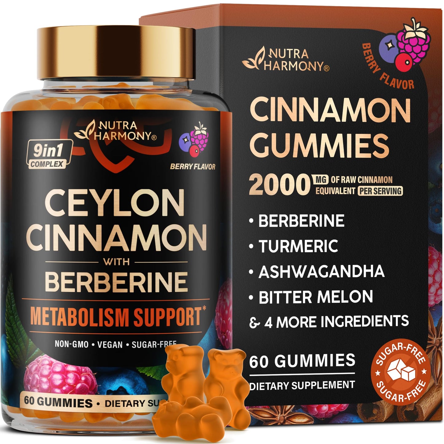 Ceylon Cinnamon Gummies 2000 mg – Berberine, Turmeric, Ashwagandha | Sugar-Free 60 Gummies