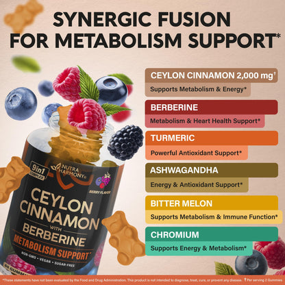 Ceylon Cinnamon Gummies 2000 mg – Berberine, Turmeric, Ashwagandha | Sugar-Free 60 Gummies