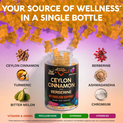 Ceylon Cinnamon Gummies 2000 mg – Berberine, Turmeric, Ashwagandha | Sugar-Free 60 Gummies