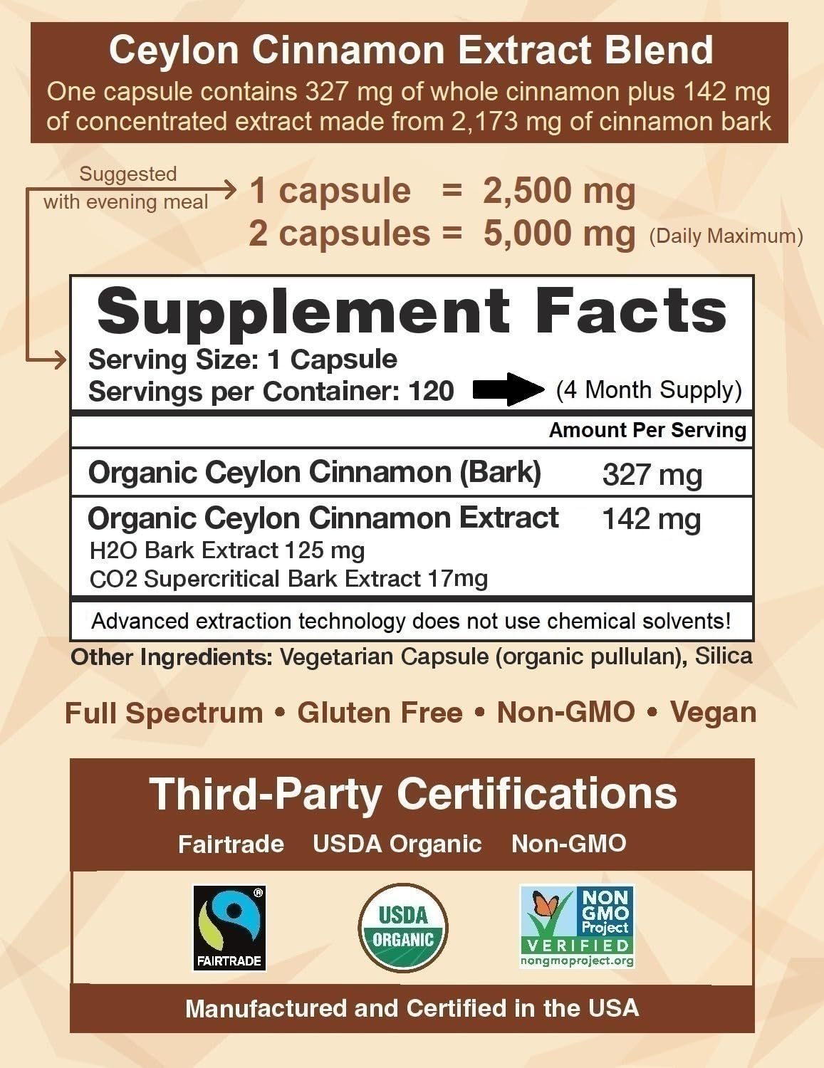 Ceylon Cinnamon Shop CinnaGuard Organic Cinnamon 2500mg – Extra Strength, 120 Count