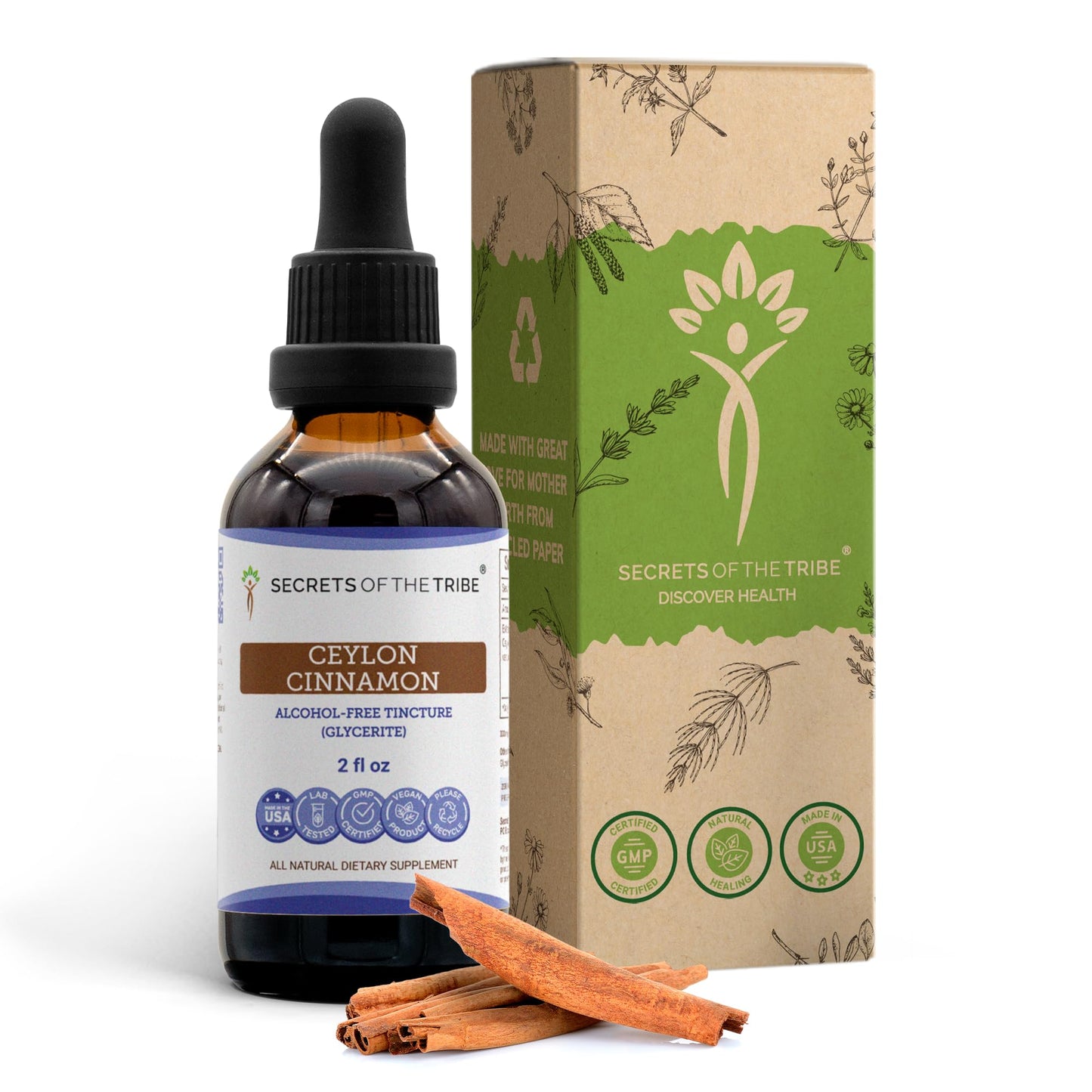 Secrets of the Tribe Ceylon Cinnamon Tincture Alcohol-Free Liquid Extract, Ceylon Cinnamon (Cinnamomum Verum) Dried Bark (2 FL OZ)