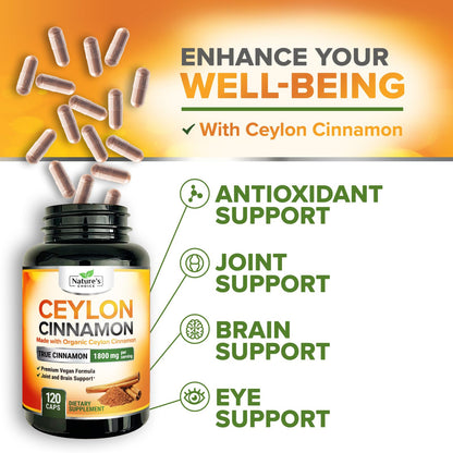 Ceylon Cinnamon Capsules 1800mg - Organic, Non-GMO, Gluten Free | 120 Capsules