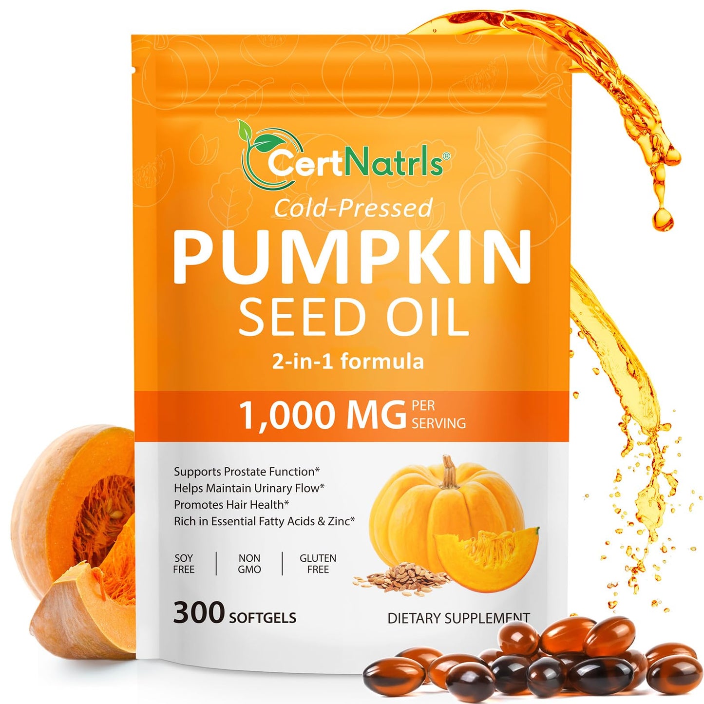 CFHQXSZ Pumpkin Seed Oil with Saw Palmetto Capsules — Cold Pressed, 300 Softgels for Prostate & Hair Health | Non-GMO, Soy Free, Gluten Free
