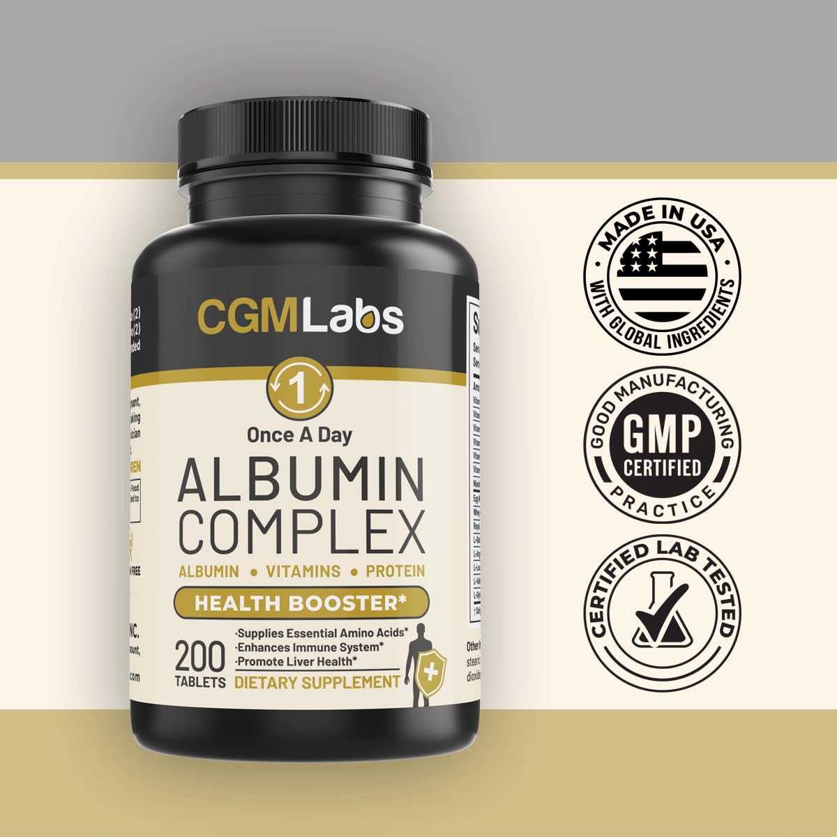 CGMLABS Once A Day Albumin Complex - Egg White Albumin, Whey, Royal Jelly | 200 Tablets