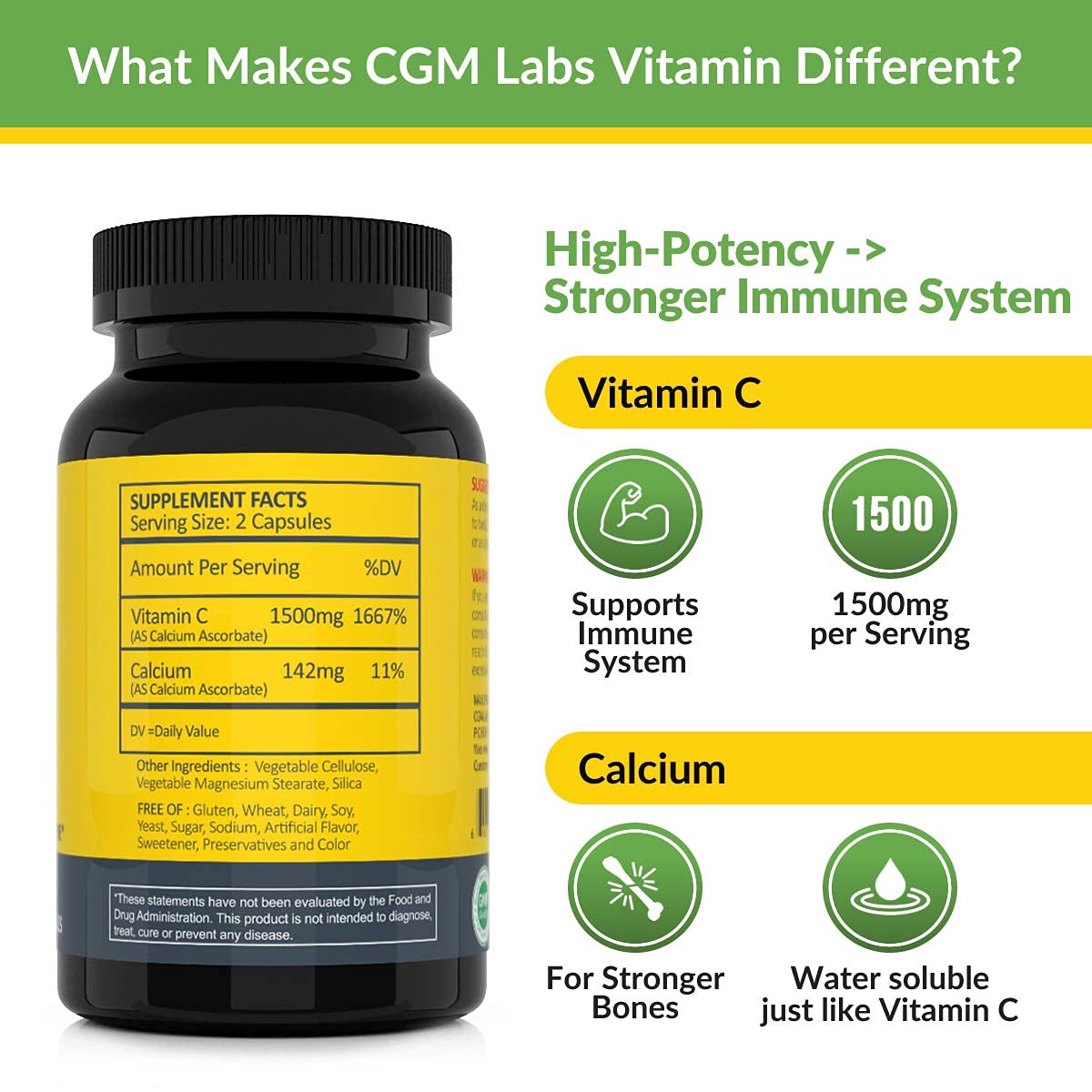 Non Acidic Vitamin C 1500mg with Calcium - Gentle on Stomach | Immune & Bone Support | CGM Labs