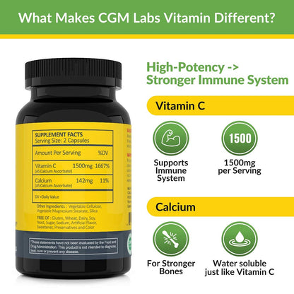 Non Acidic Vitamin C 1500mg with Calcium - Gentle on Stomach | Immune & Bone Support | CGM Labs