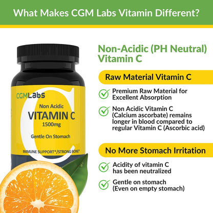 Non Acidic Vitamin C 1500mg with Calcium - Gentle on Stomach | Immune & Bone Support | CGM Labs