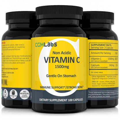 Non Acidic Vitamin C 1500mg with Calcium - Gentle on Stomach | Immune & Bone Support | CGM Labs