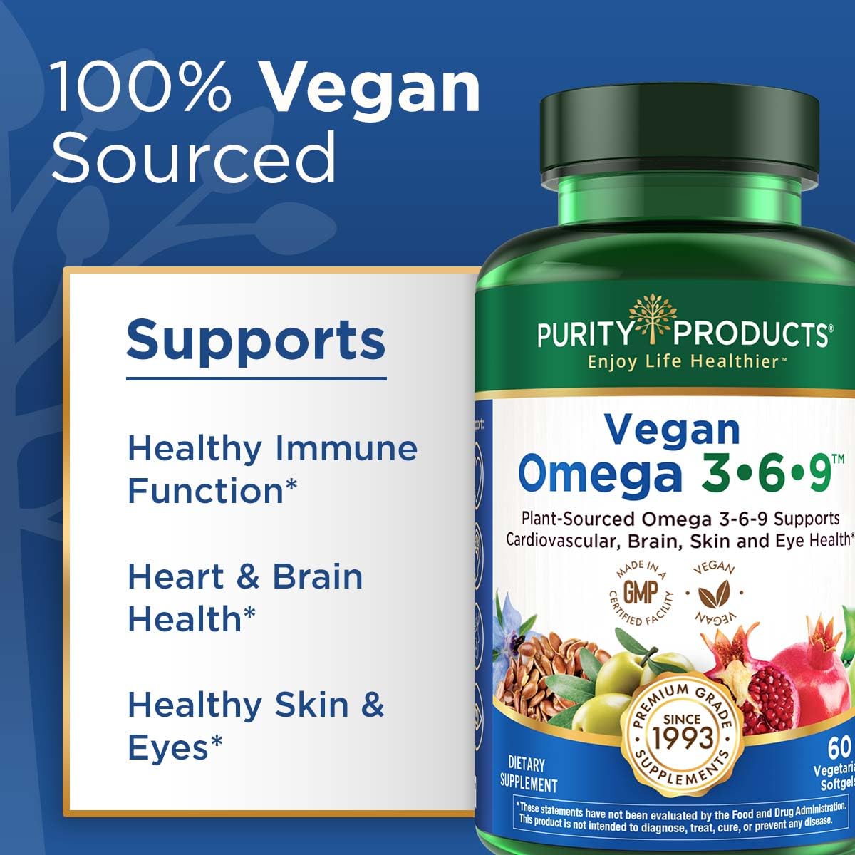 Purity Omega 3-6-9 Vegan & Vegetarian – 5-in-1 Plant-Based EFA (60)