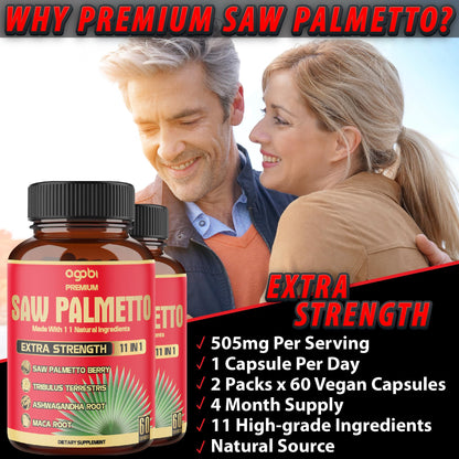 Saw Palmetto Capsules 5300 mg – 11in1 with Ashwagandha, Turmeric, Tribulus, Maca | 2 Packs (4 Months) Prostate, Skin & Immune Support