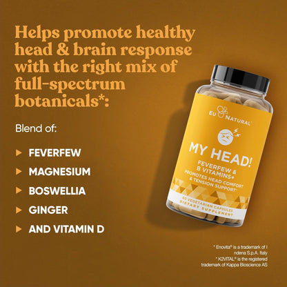 My Head! Headache Vitamins – Fast Acting Magnesium, Feverfew & More | 60 Soft Capsules