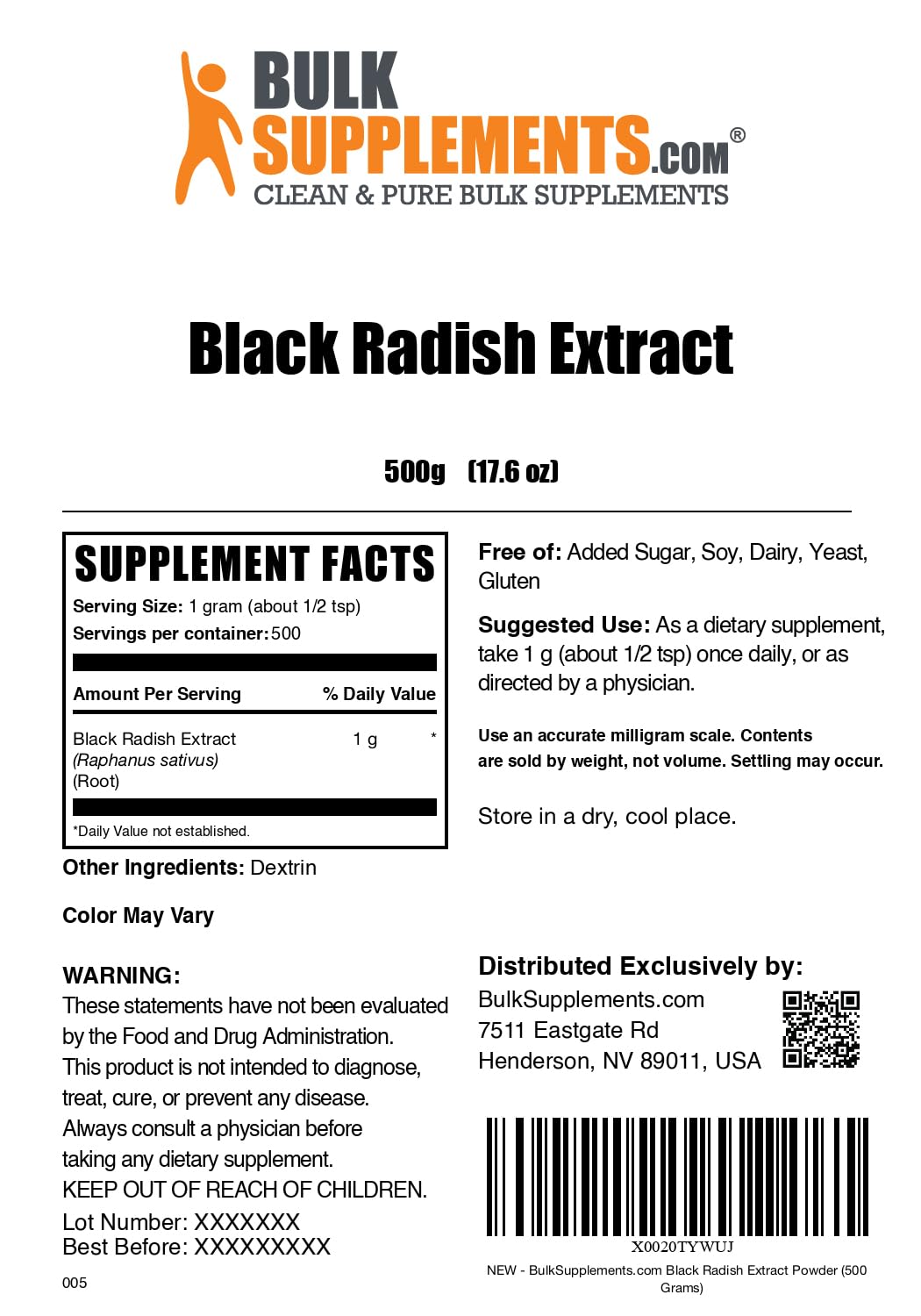 BulkSupplements Black Radish Extract Powder | Spanish Black Radish - Vegan & Gluten Free, 1g Serving, 500g