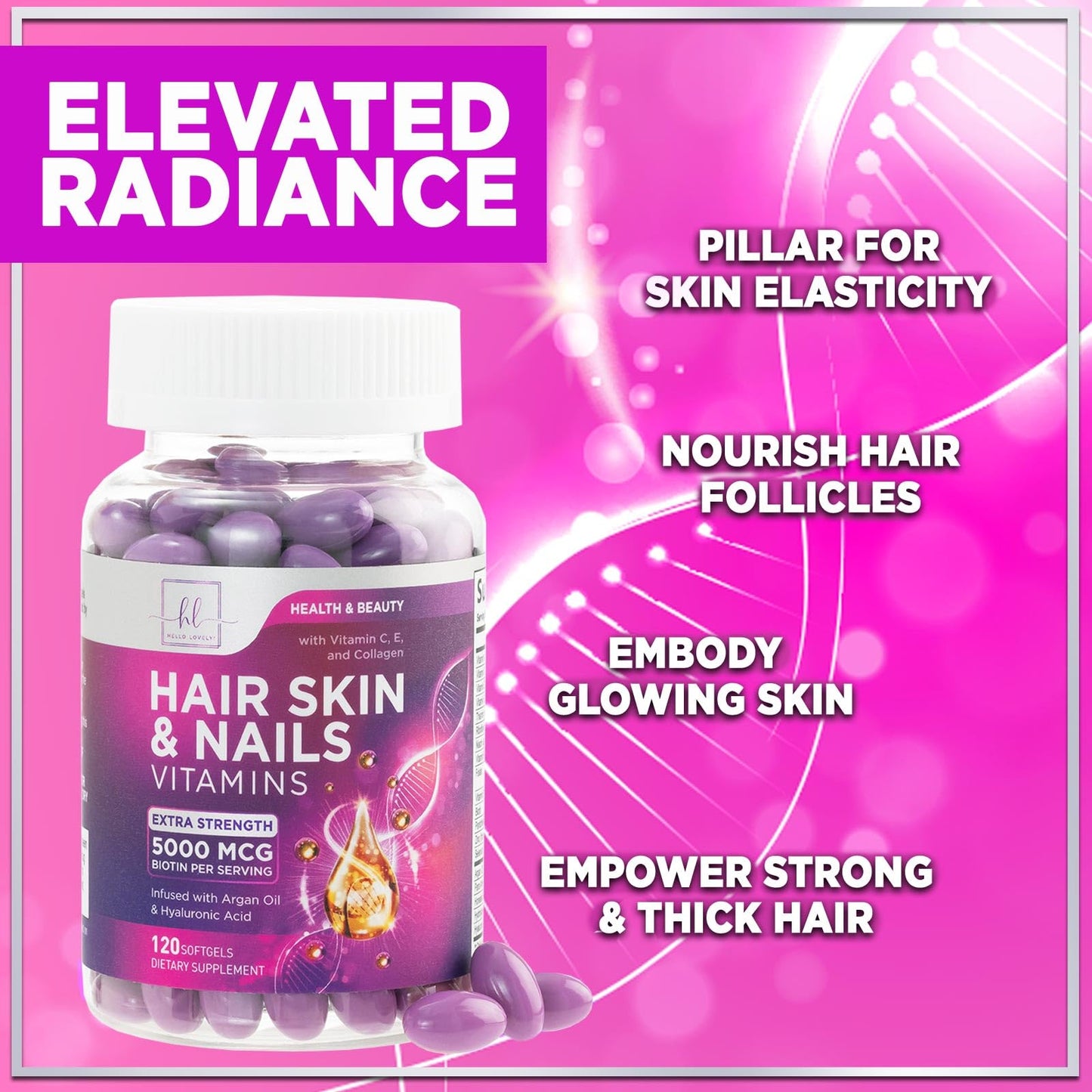 Hair, Skin & Nails Vitamins for Women - Biotin 5000mcg + Argan Oil, Collagen & Hyaluronic Acid | 120 Softgels