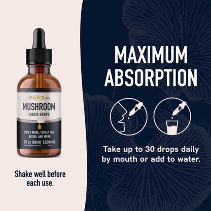 Mushrooms Liquid Drops Complex | Lions Mane & Turkey Tail | 2 Oz, 60 Servings | Non-GMO, Soy-Free