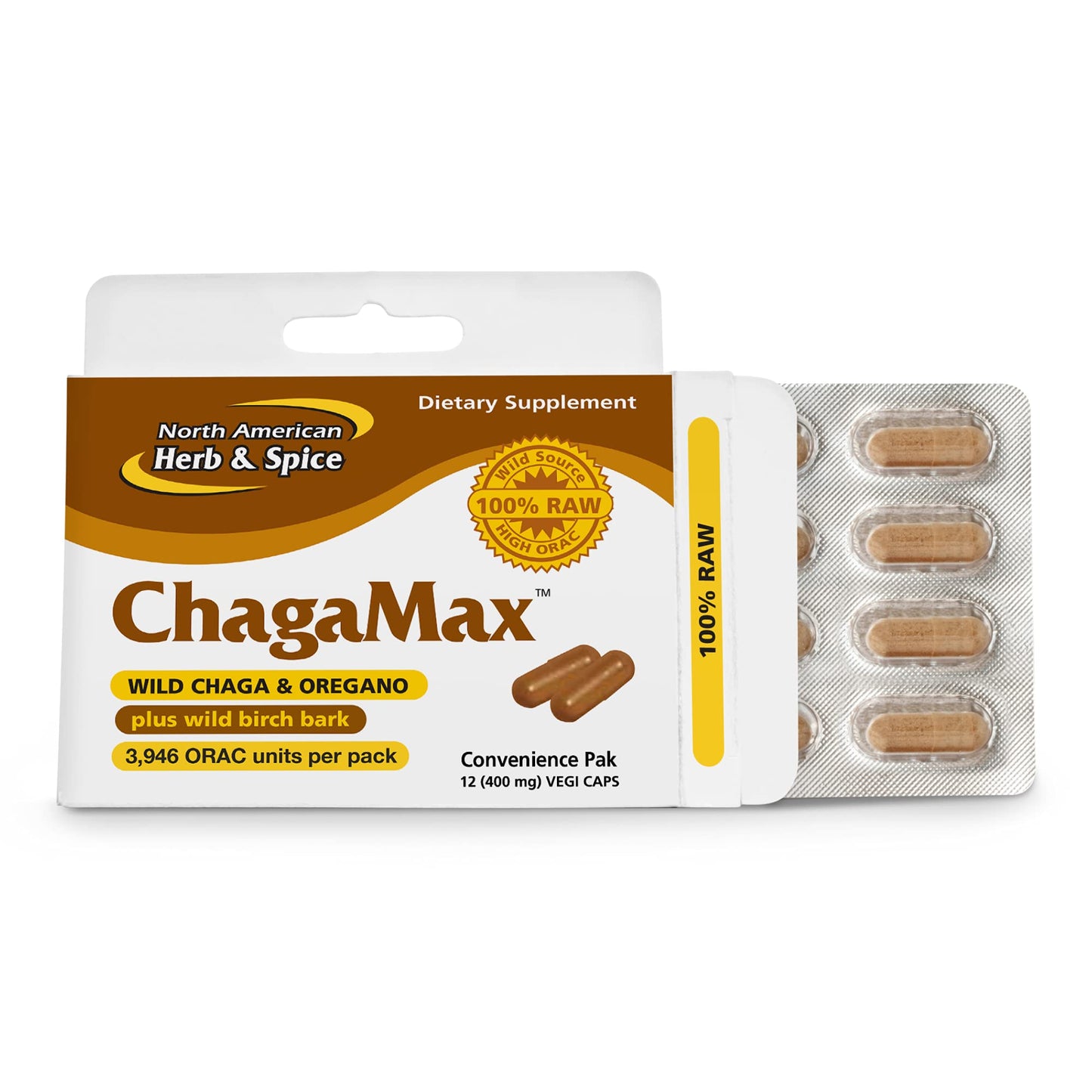 ChagaMax by North American Herb & Spice - 12 Vegi Capsules | Chaga Wild Mushroom Supplement - Adaptogen, Adrenal Support, Endurance & Stamina - Non-GMO - 90 Servings