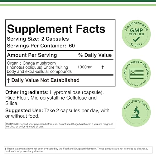 Chaga Mushrooms Capsules - 1,000mg per Serving - USA Made - Organic | Double Wood