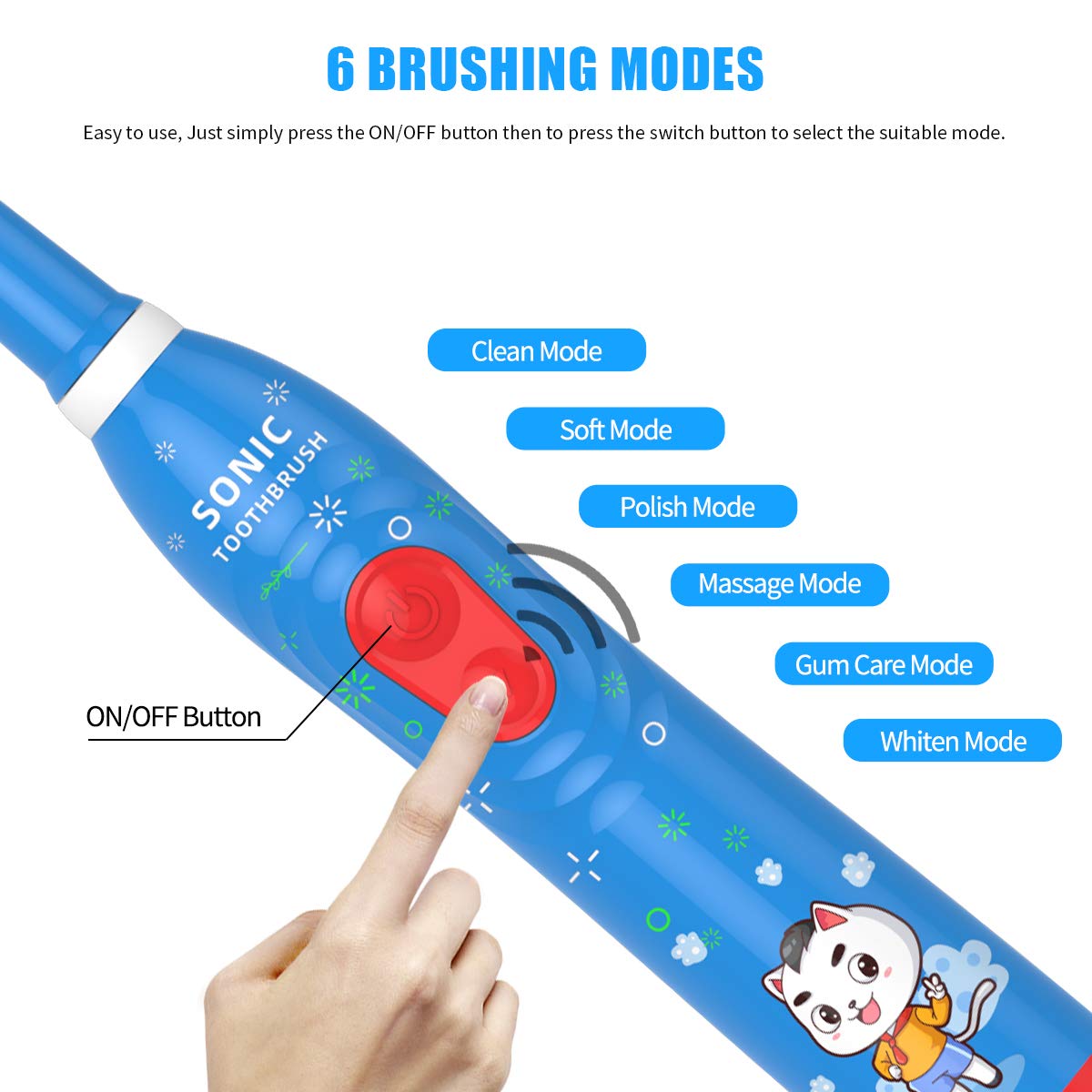 CHAIN PEAK Kids Sonic Electric Toothbrush – 6 Modes, 30s Reminder, 2-Min Timer, USB Rechargeable, Blue