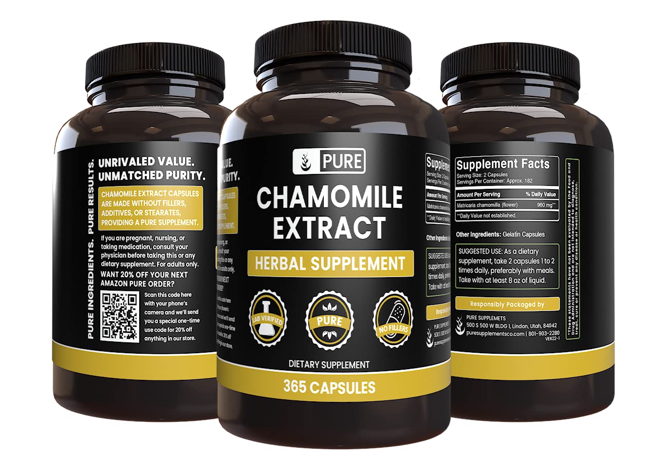 Chamomile Extract 365 Capsules – Pure Original Ingredients, No Fillers, Lab Verified