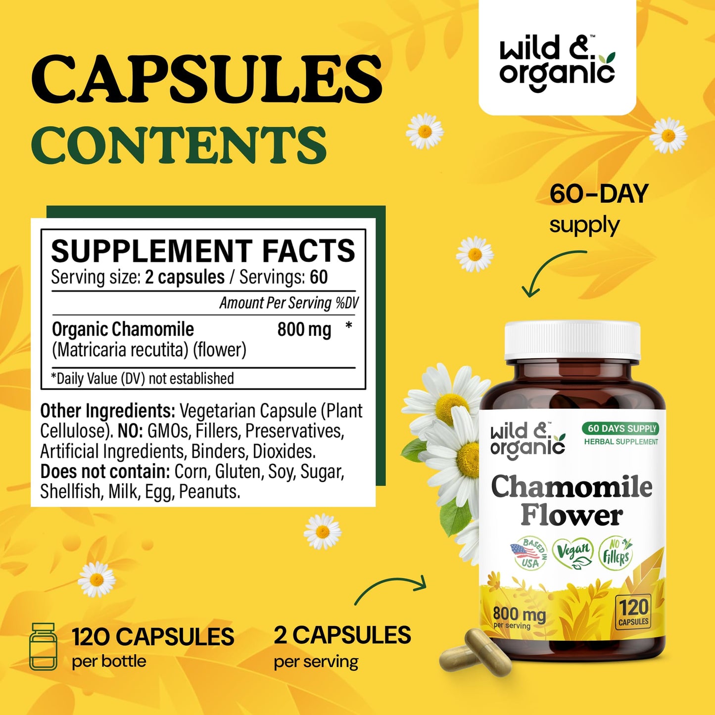 Chamomile Extract Capsules 800 mg - Wild & Organic - Relaxation & Digestive Support - Vegan, Non-GMO - 120 Count