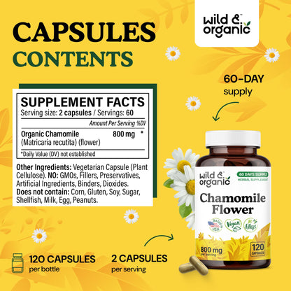 Chamomile Extract Capsules 800 mg - Wild & Organic - Relaxation & Digestive Support - Vegan, Non-GMO - 120 Count